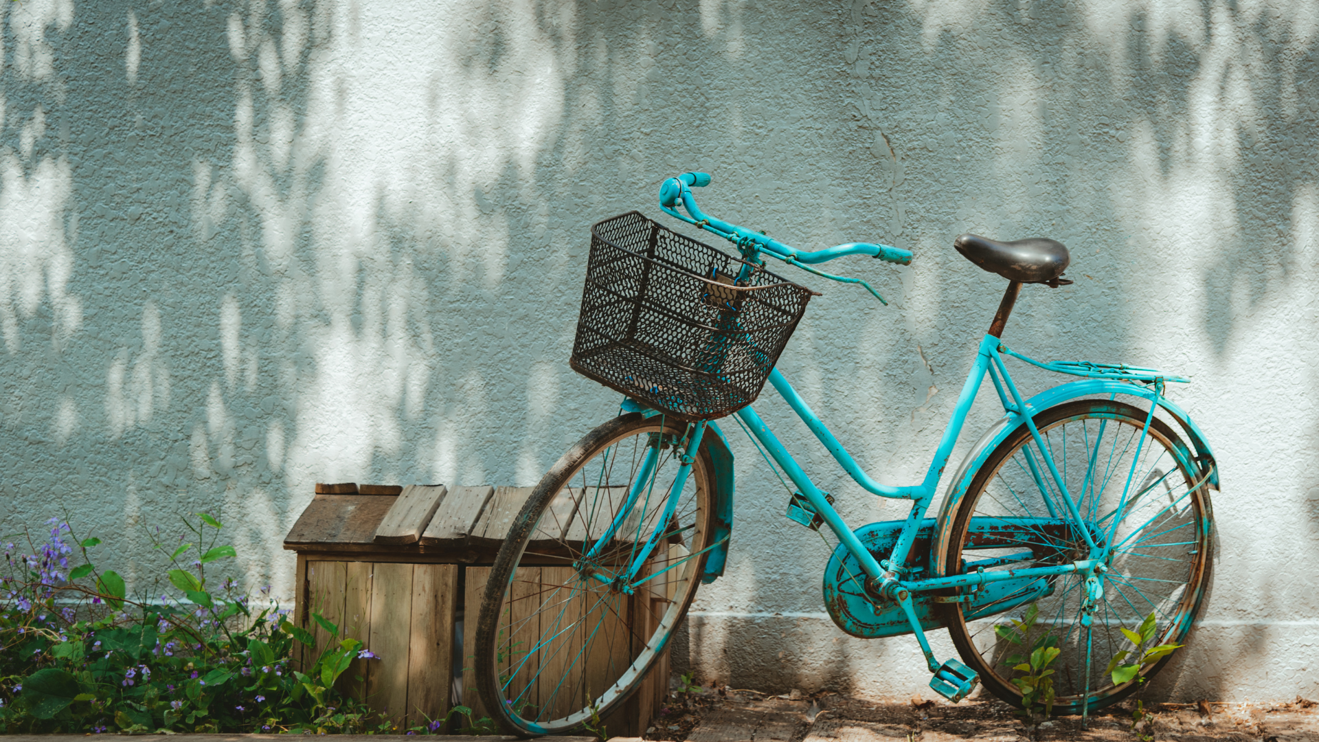Vieux vélo turquoise patiné avec panier avant, contre un mur bleu-gris fleuri, ambiance rétro et paisible