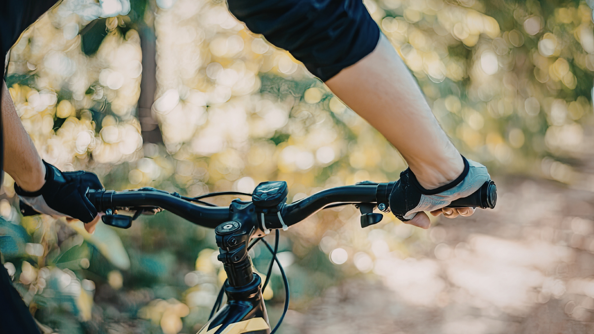 Gants et guidon d'un vélo électrique en lumière dorée, sortie à vélo en Provence