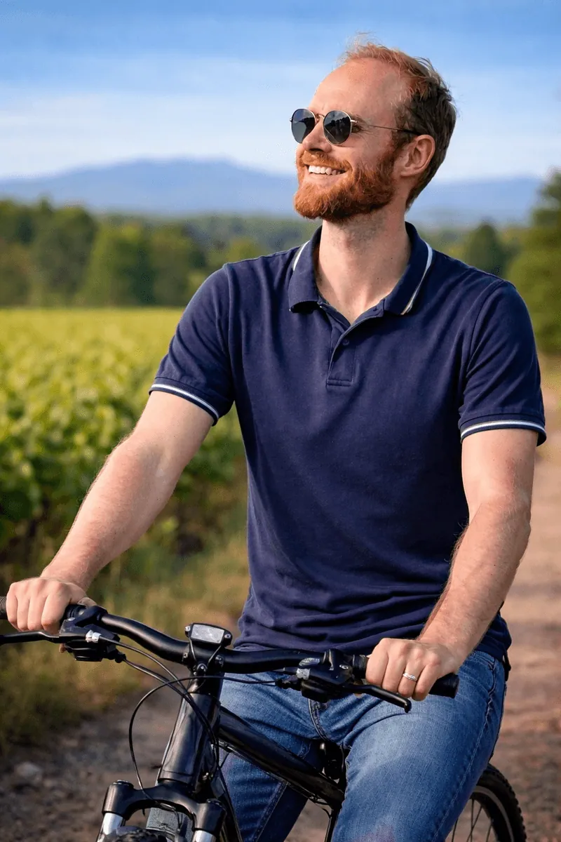 Cycliste souriant à vélo au milieu des vignes